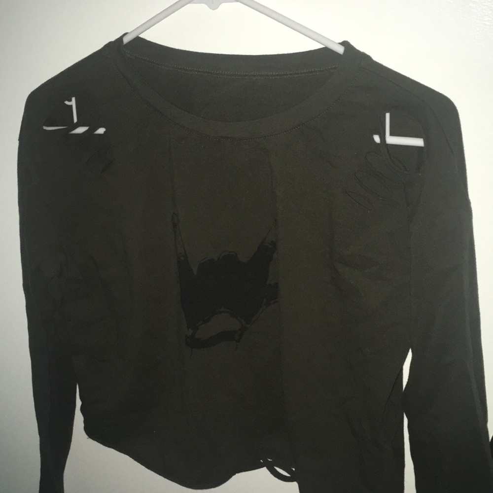 Army Green Gesture Print Distressed T-shirt